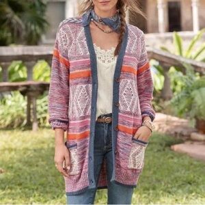Sundance Boho Southwestern Long-line Cotton blend Knit Cardigan Sweater size M
